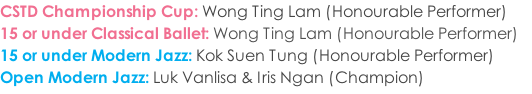 CSTD Championship Cup: Wong Ting Lam (Honourable Performer)
15 or under Classical Ballet: Wong Ting Lam (Honourable Performer)
15 or under Modern Jazz: Kok Suen Tung (Honourable Performer)
Open Modern Jazz: Luk Vanlisa & Iris Ngan (Champion)